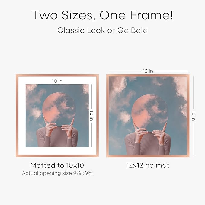 Homeforia 12x12 Picture Frame Rose Gold, High End Metal 12 x 12 Square Poster Frame with Mat 10 x 10 Photo, 12x12 Frame Matted to 10x10 Print, 12by12 Hanging Frames, Tempered Glass, Wall Kit, Set of 2