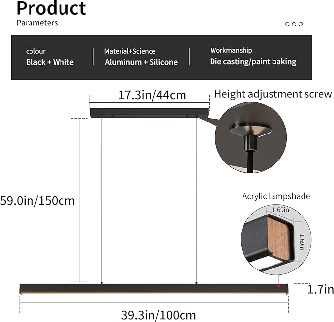 Linear Pendant Light Fixtures, 20W LED Island Lights with Remote, 39" Modern Pendant Light for Kitchen Island Dining Room Billiard Room Office Bar, 3000k-6000k Dimmable, Black