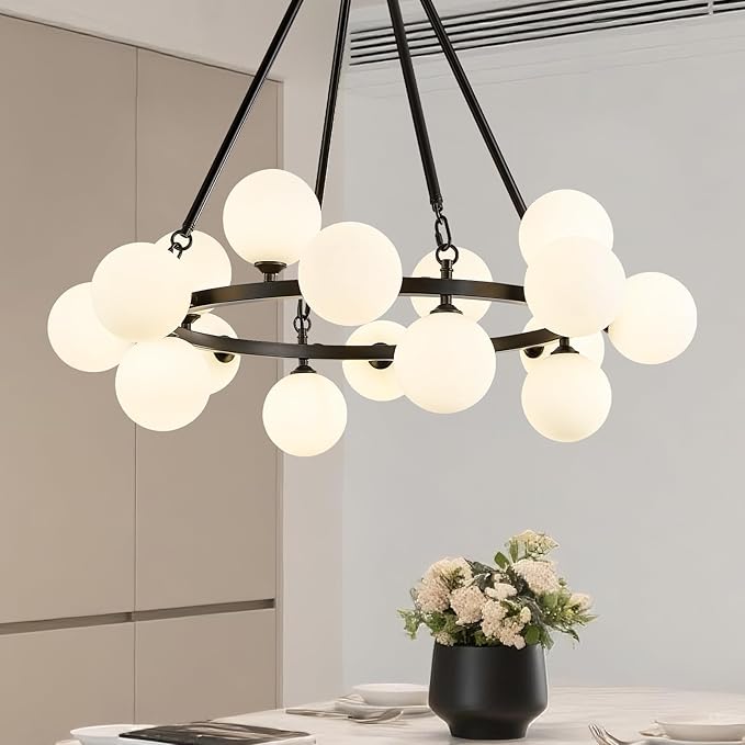 Modern Bubble Chandelier,Mid Century Milk Glass Pendant Light 31.5",Round Sputnik Chandeliers with Glass Globes,Globe Chandeliers for Dining Room,Kitchen Island,Living Room,Bedroom,16 Lights