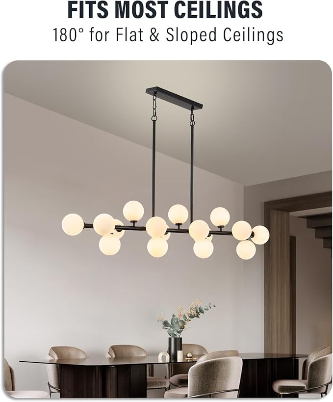 Modern Chandeliers for Dining Room Kitchen Island, 55" Long Large Linear Sputnik Globe Chandelier, 16-Light Mid Century Modern Light Fixture Over Table, Black and Milk White Bubble, GC-08