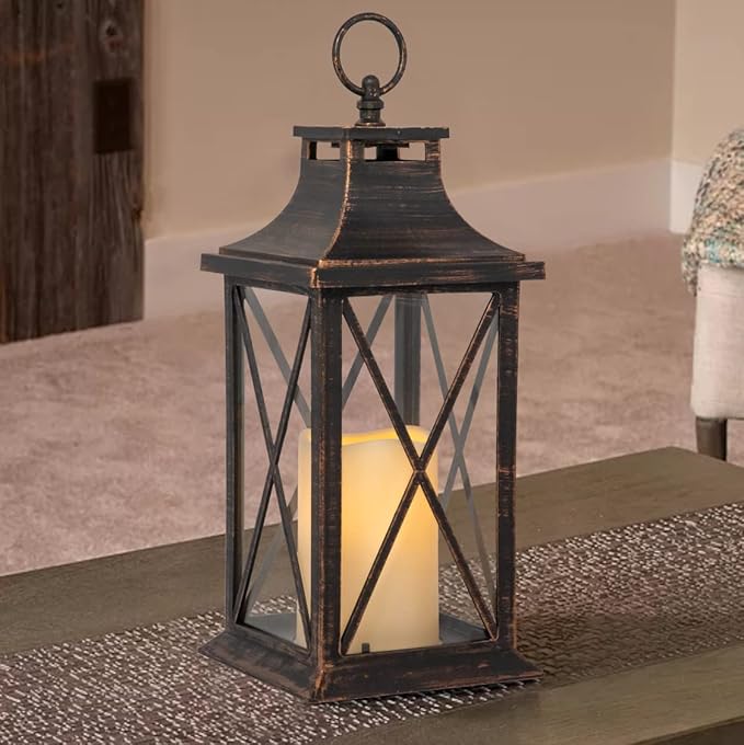 YAKii 14" Decorative Candle Lantern LED Flameless Candle Timer, Plastic LED Candle & Holder, Indoor & Outdoor Hanging Lights,Christmas Day Decoration (Antique Copper Brushed 2 PCS)