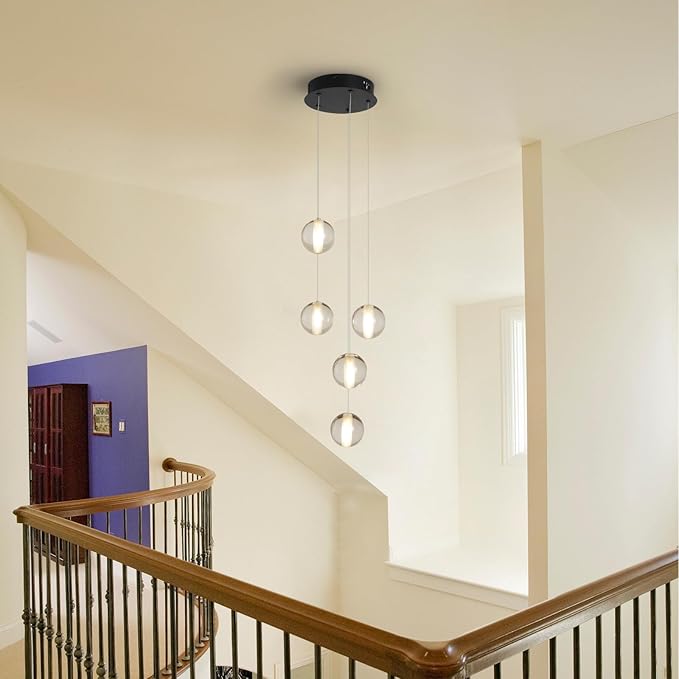 Modern Black 5 Lights Crystal LED Chandelier Raindrop High Ceiling Cluster Pendant Light Crystal Ball Hanging Lighting for Living Room Staircase Entryway Foyer Dining Room, H118" including Bulbs