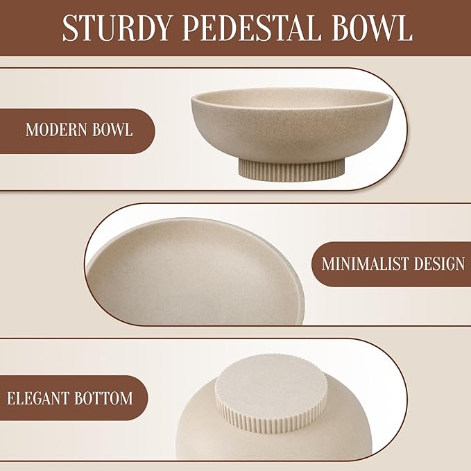 Large Resin Pedestal Decorative Bowl - Modern Handicraft Bowls for Home Decor - Fruit Bowl for Kitchen Counter - Key Bowl for Entryway Table,Artificial Stone Beige