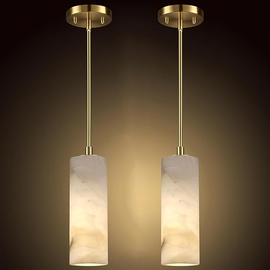 1 Light Modern Industrial Farmhouse Hanging Kitchen Island Pendant Ceiling Light Fixture,Cylinder Natural Alabaster Marble Brushed Bronze Finish Over Sink Restaurant bar Corridor