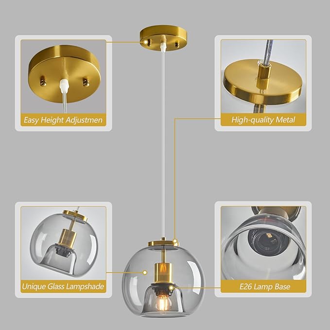 Light Grey Glass Pendant Lights Kitchen Island Gold Hanging Light Fixture Glass Globe Pendant Light Modern Pendant Lighting for Kitchen Island Bedroom Dining Room (7.87", 1 Pack)