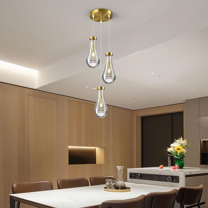 Raindrop Pendant Lights Kitchen Island Teardrop Gold Hanging Light Fixtures Clear Solid Glass Pendant Light Modern Chandeliers for Dining Room Porch Corridor Living Room(3-Light)