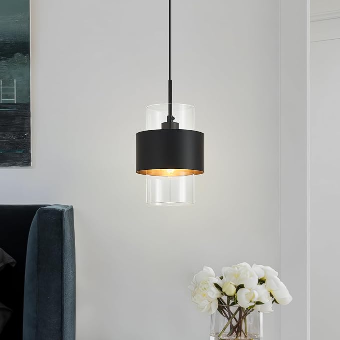 Modern Black Pendant Lighting Indoor Kitchen Island Pendant Light Glass Shade Ceiling Light Fixtures for Bedroom Dining Room Living Room(1-Pack)