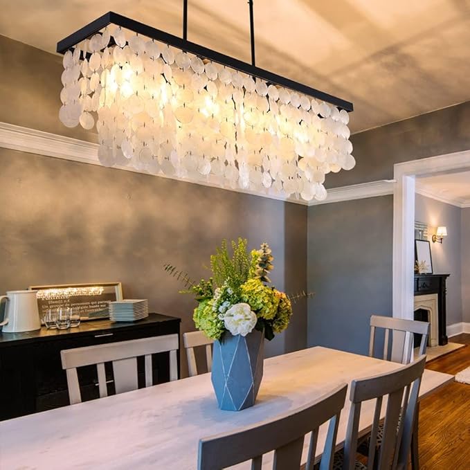 TOCHIC Rectangular Capiz Shell Chandelier, Coastal Beach Lighting 6 Lights, Modern Black Chandelier Shell Pendant Light for Kitchen Island, Dining Rooms, 2 Tier, 39.3" L