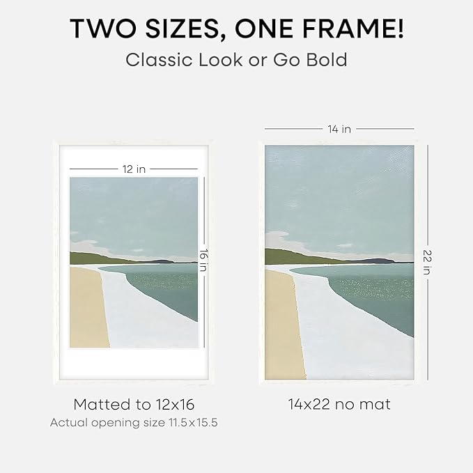 Homeforia 14x22 Picture Frame White, High End Oak 14x22 White Wood Frame with Mat 12x16 Photo, 14 x 22 Wooden Poster Frames Matted to 12 by 16, 22x14 Hanging Frames, Tempered Glass, Wall Kit, Set of 1