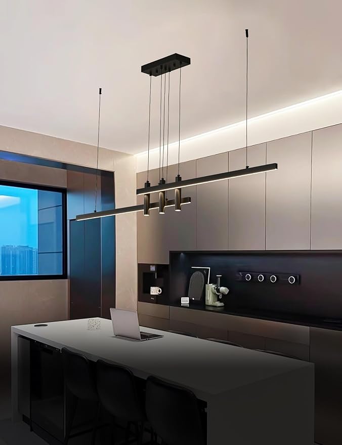 71" Black Linear LED Pendant Light Dimmable for Kitchen Island, Home Bar, Dining & Office - Modern Minimalist Hanging Chandelier Lighting Fixture