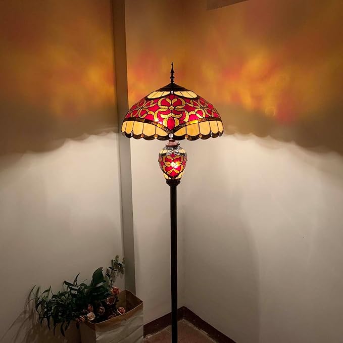 Bieye L10867 Baroque Tiffany Style Stained Glass Double Lit Floor Lamp for Home Decor 64-inch Tall (18-inch Wide, Red)