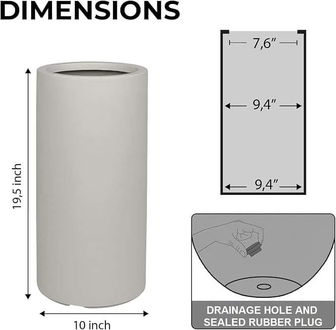 19.5" H x 9.8" D Tubo Fiberstone Cylinder Tall Planter with Drainage Hole, Smooth Finishes, for Indoor and Outdoor Use, Included 2 Extra Coco Mats (Light French Gray, 8.2" Pot Opening)