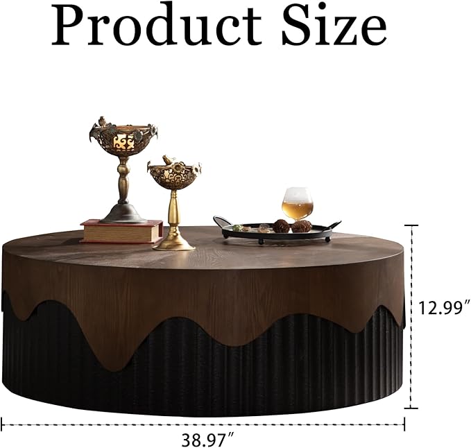 Round Coffee Table, 38.97" Circle Accent End Table, Morden Drum Side Table, Fluted Wooden Center Table for Living Room, Fully Assembled - Walnut and Black