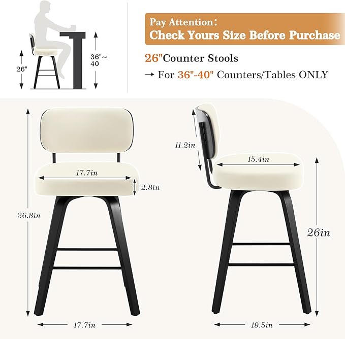 Swivel Counter Height Bar Stools Set of 4, Upholstered Faux Leather Barstools with Back, 26" Seat Height Bar Chairs Island Stools for Kitchen Counter, Black Wood Frame, Cream White