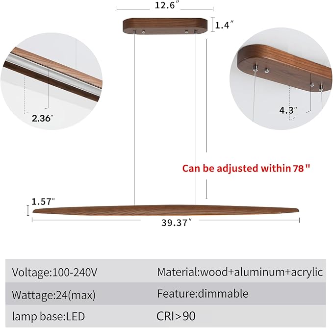 39" Wood Linear Pendant Light LED Dimmable Hanging Light Dinning Room Light Fixture Island Lights 24w for Dining Room Kitchen Island Bar Walnut Color