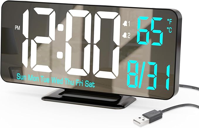 KOSUMOSU Digital Alarm Clock 6.7in Black Clock for Bedroom, Dual Alarm, Date, Seconds,Day of Week,12/24h,Dimming, Temp, Desk Clock, LED Clock for Living Room, Calendar Digital Clock