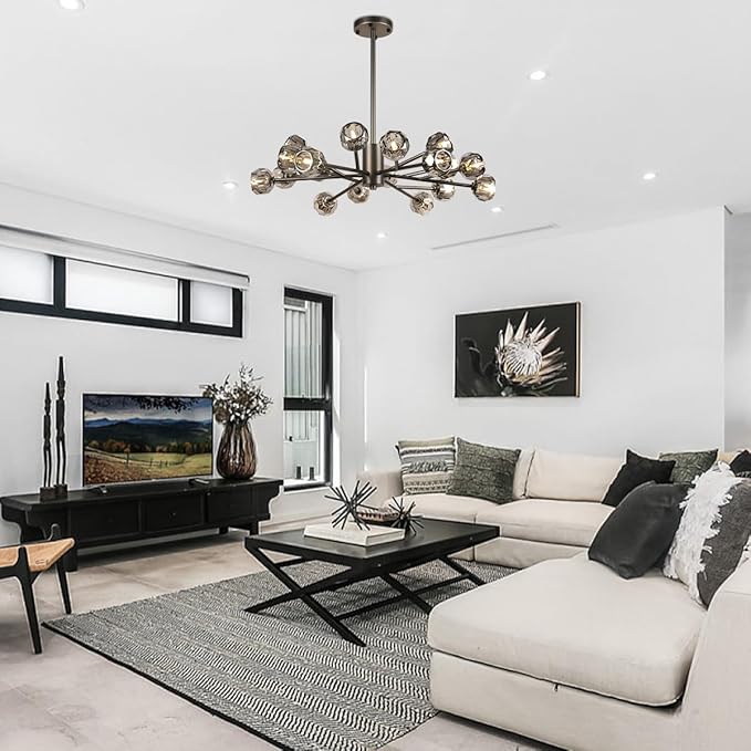 Modern Crystal Chandelier, 35.4" Black Sputnik Chandelier for Dining Room, 18 Lights Smoke Crystal Ceiling Lighting Fixture for Living Room Bedroom