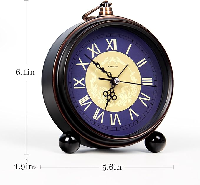 Vintage Analog Alarm Clock, 6.1" Silent Non-Ticking Quartz Desk Clock with Roman Numerals, Battery Operated Table Clock for Bedroom, Living Room, Office, or Gift (Blue)