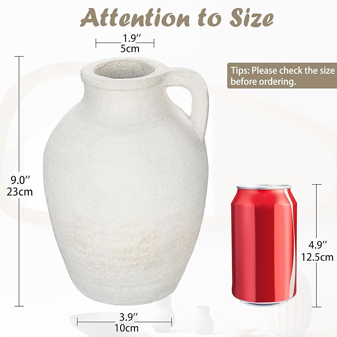 Ceramic Rustic Farmhouse Vase, 9 inch Ceramic White Flower Vase for Centerpieces Pampas Grass Pottery Jug with Handle Boho Modern Rustic Farmhouse Decor for Living Room Kitchen Dinner Table Shelves