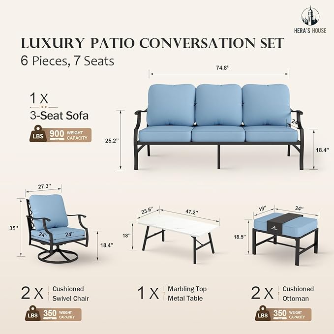 HERA'S HOUSE 6 Piece Patio Furniture Set, 2 x Swivel Cushioned Chair, 2 x Cushioned Ottoman, 1 x 3-Seat Sofa with Marbling Coffee Table, Outdoor Conversation Set for Lawn Garden Backyard, Blue