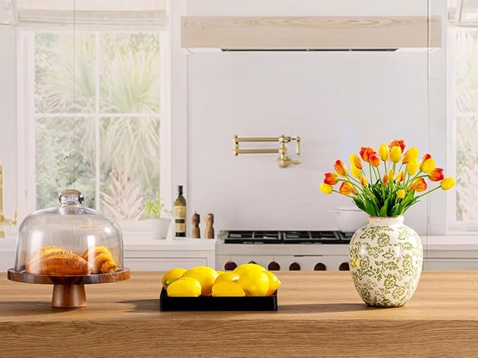 Ceramic Vintage Vase, Green Flower Decorative Vase Chinoiserie Decor Rustic Farmhouse Retro Floral Vases for Table Bookshelf Mantel Kitchen Living Room Office- 7.8inch