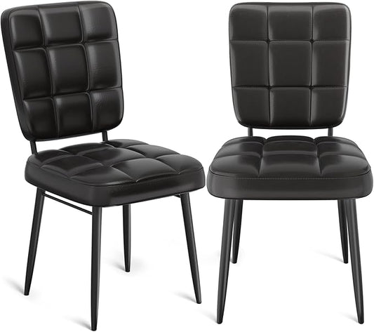 Leather Dining Chairs Set of 2, Upholstered Dining Room Kitchen Chairs with Thick Cushion, High Backrest, Metal Legs, Mid Century Modern Side Chair for Living Room Cafe Restaurant, Ink Black