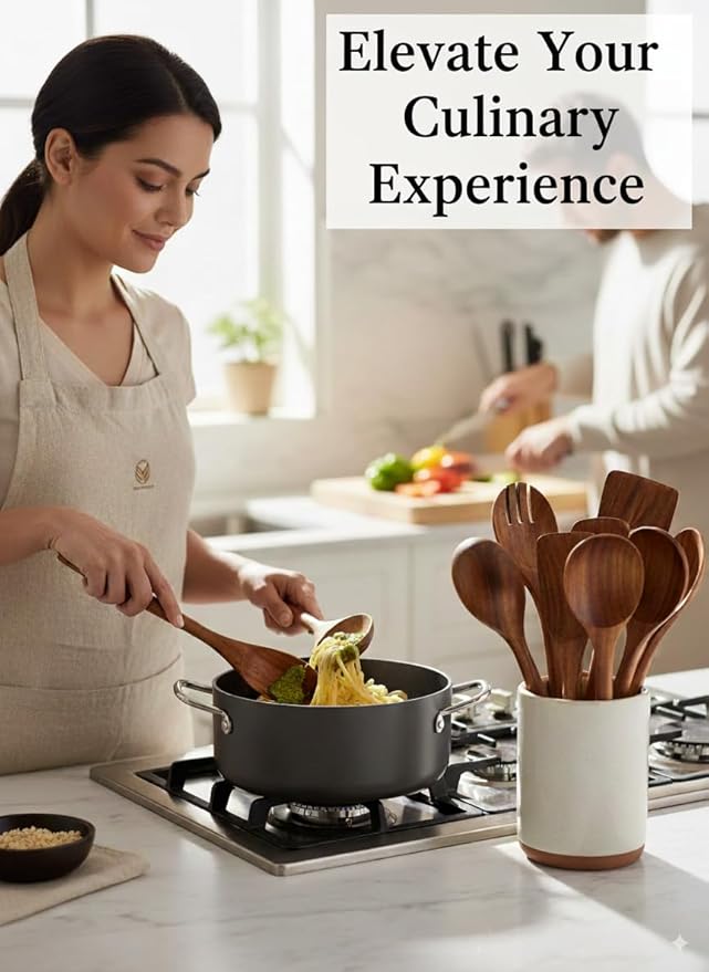 100% Natural Teak Wood Wooden Utensil Set – Non-Stick & Heat Resistant – 10 Pcs Durable Kitchen Spoons for Cooking, Eco-Friendly & Comfortable Grip