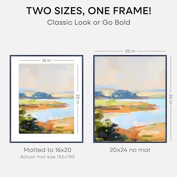 Homeforia 20x24 Frame Navy Blue, High End Metal 20x24 Poster Frames with Mat 16x20 inch Photo, 20 x 24 Navy Blue Picture Frame Matted to 16 by 20 Print, 24x20 Frame, Tempered Glass, Wall Kit, Set of 1