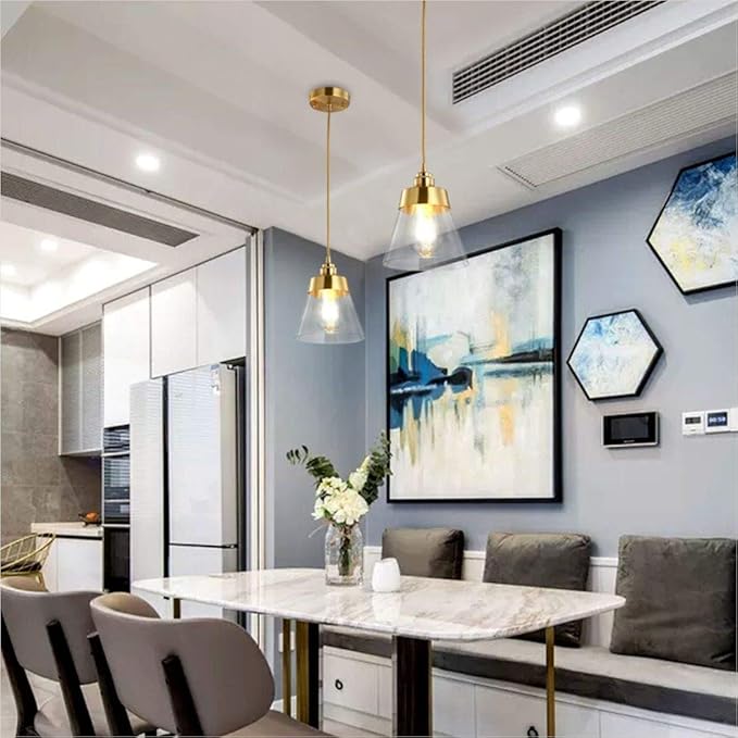 Modo Lighting Glass Pendant Light Metal Antique Brushed Brass Pendant Light Fixtures with Clear Glass Shade Modern Adjustable Hanging Light for Living Room Kitchen Island, Gold