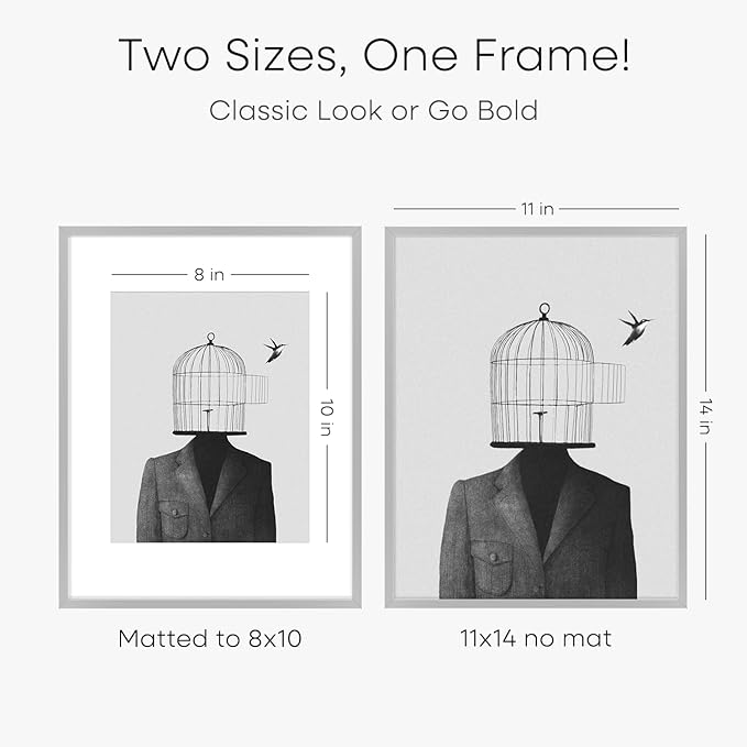 Homeforia 11x14 Picture Frame Silver, High End Metal 11x14 Frames with Mat 8x10, 11 x 14 Silver Poster Frame Matted to 8 x 10 inch Photo, 11by14 Thin Hanging Frames, Tempered Glass, Wall Kit, Set of 2