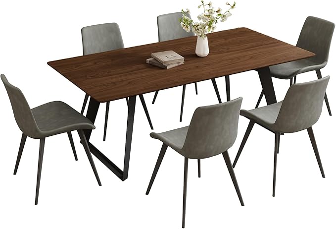 ZckyCine 63"-79" Extendable Dining Table Set for 6, Modern Walnut Color Table with 6 Brown Chairs, Retractable Wood Table and Chair Set for Kitchen and Dining Room