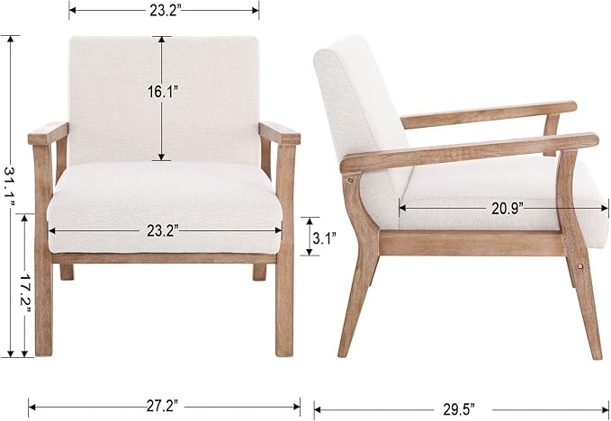 Wahson Comfy Living Room Chairs Set of 2, Linen Upholstered Accent Chairs, Farmhouse Armchairs with Natural Wood Frame, Oversized Decorative Chair for Bedroom, Beige