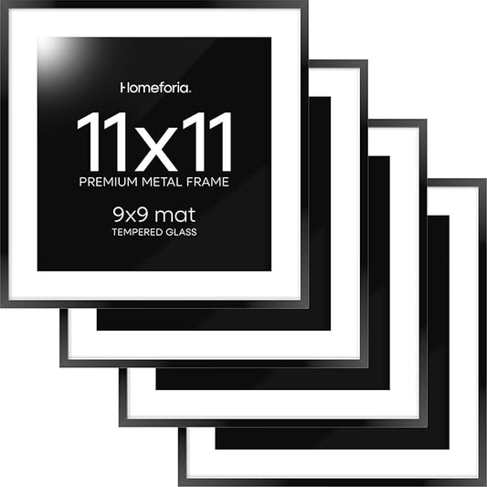 Homeforia 11x11 Picture Frame Black, High End Metal 11 by 11 Square Frames with Mat 9 x 9 Opening, 11by11 Poster Frames Matted to 9x9 inch Photo, Wall Hanging Frame, Tempered Glass, Wall Kit, Set of 4