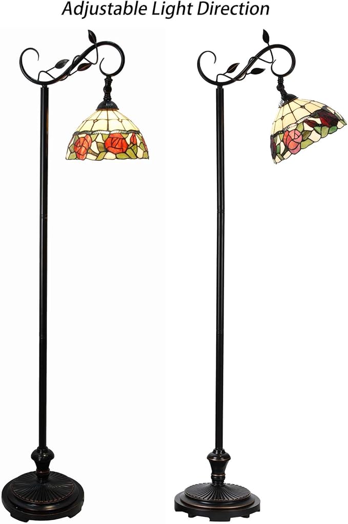 Bieye L10804 Rose Flower Tiffany Style Stained Glass Reading Floor Lamp 59.5 inches Tall, Red