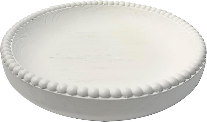 Beaded Wood Decorative Bowl, 10.63" Farmhouse Wooden Bowl White Wash Decorative Tray for Home Decor