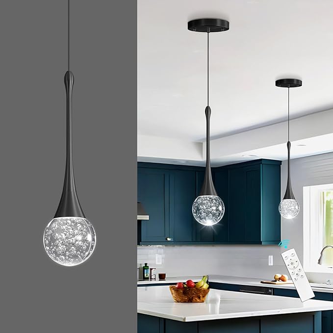 Modern Pendant Lights for Kitchen Island LED Dimmable Crystal Glam Ceiling Pendant Lighting for Dining Room Hallway Bedroom Corner Lamp Black