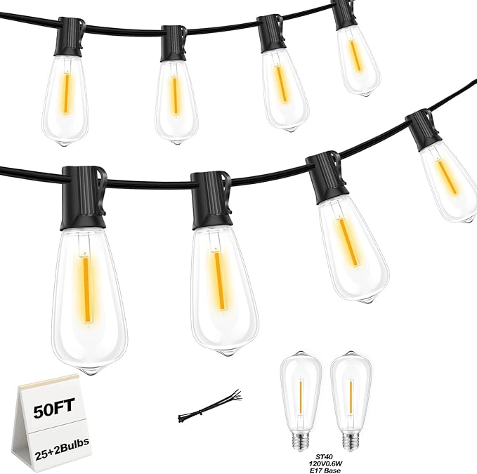 50 FT Outdoor String Lights with 27 Shatterproof Waterproof LED Edison Bulbs Connectable Hanging Patio Lights for Backyard Deck Party