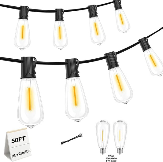 50 FT Outdoor String Lights with 27 Shatterproof Waterproof LED Edison Bulbs Connectable Hanging Patio Lights for Backyard Deck Party