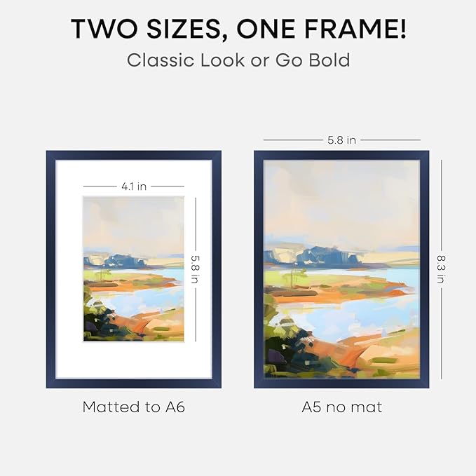 Homeforia A5 Navy Blue Frame, High End Metal 5.8 x 8.3 Picture Frames Matted to 4.1 by 5.8 inch Art, A5 Display Photo Frame with Mat A6, 5.8x8.3 Blue Poster Frames, Tempered Glass, Wall Kit, Set of 1