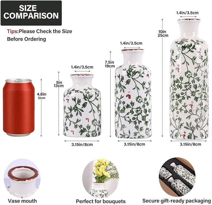 Green Chinoiserie Ceramic Vase Set of 3 – Vintage Green Floral Vases, Decorative Porcelain Vase Set for Flowers, Rustic Farmhouse & Cottage Core Home Decor, Living Room, Shelf & Table Centerpieces