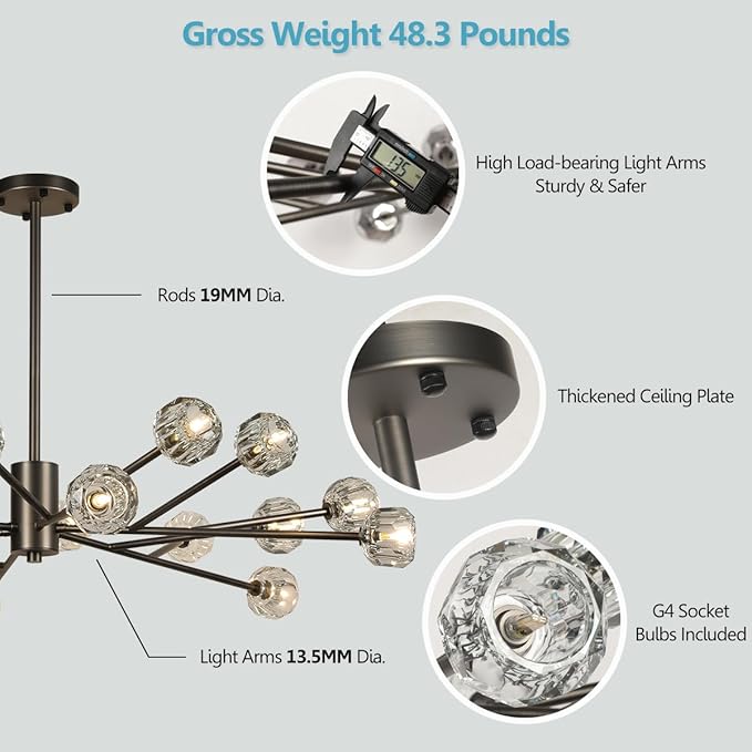 Black Sputnik Chandeliers 47.2", Crystal Sputnik 18 Lights Chandelier for Dining Room, Large Modern Ceiling Chandelier for Living Room Foyer