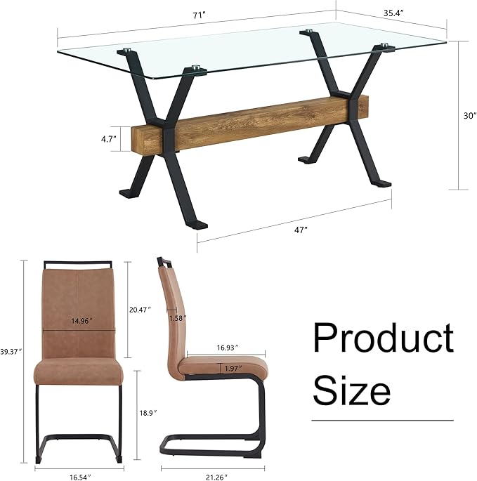 5 Piece Glass Dining Table Set, Kitchen Table Chairs Set for 4, 71'' Dining Table with 0.4" Tempered Glass Tabletop with Plated Metal Legs and MDF Crossbar, 4 PU Chairs for Dining Room, Kitchen.