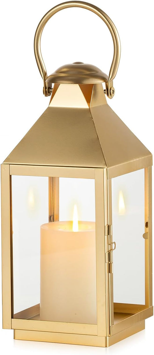 NUPTIO Gold Lanterns Decorative for Wedding: 11.2 Inch Tall Metal Lantern Decor with Glass - Outdoor Pillar Candle Holder for Table Centerpiece Dining Room Mantel Patio