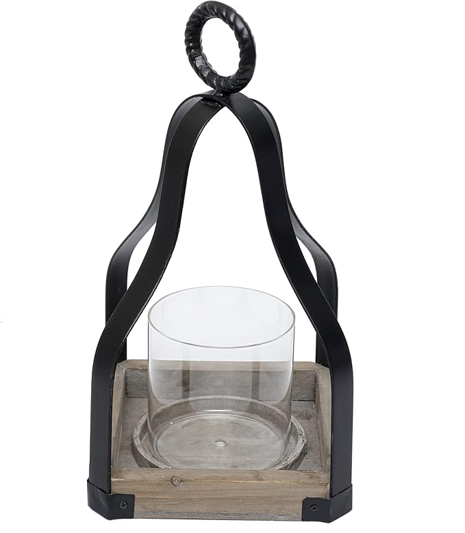 SwallowLiving 13" Rustic Farmhouse Wood and Metal Candle Candlestick Lantern Patio, Table Centerpiece