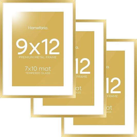 Homeforia 9x12 Gold Frame, High End Metal 9 x 12 Picture Frames with Mat 7 by 10 inch Photo, 9by12 Thin Poster Frame Matted to 7x10 Art, 12x9 Wall or Tabletop Frame, Tempered Glass, Wall Kit, Set of 3
