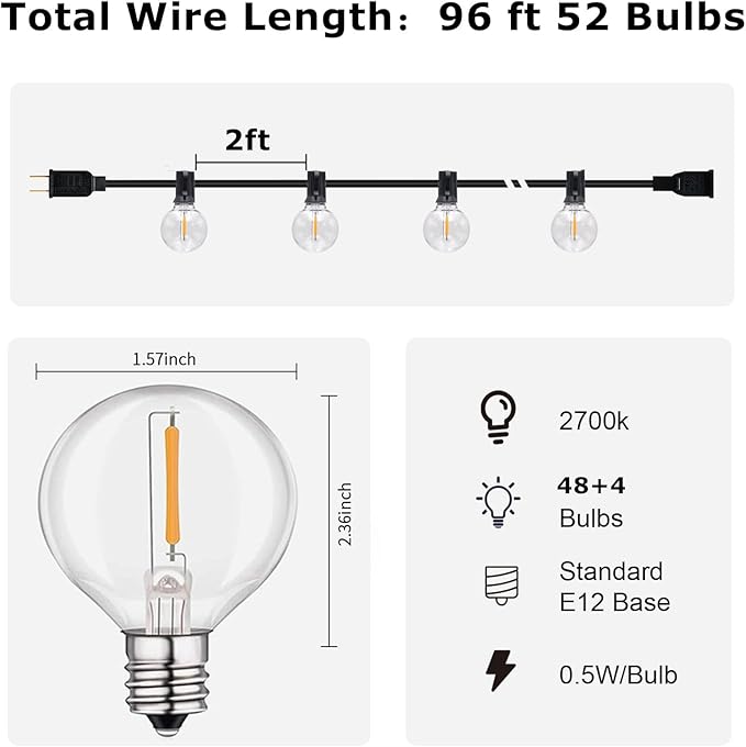 HISTAR 96 ft Outdoor String Lights 52 Led Waterproof G40 Bulbs, Patio Lights for Decorating Yard, Porch, Deck, Fence, Balcony, Backyard