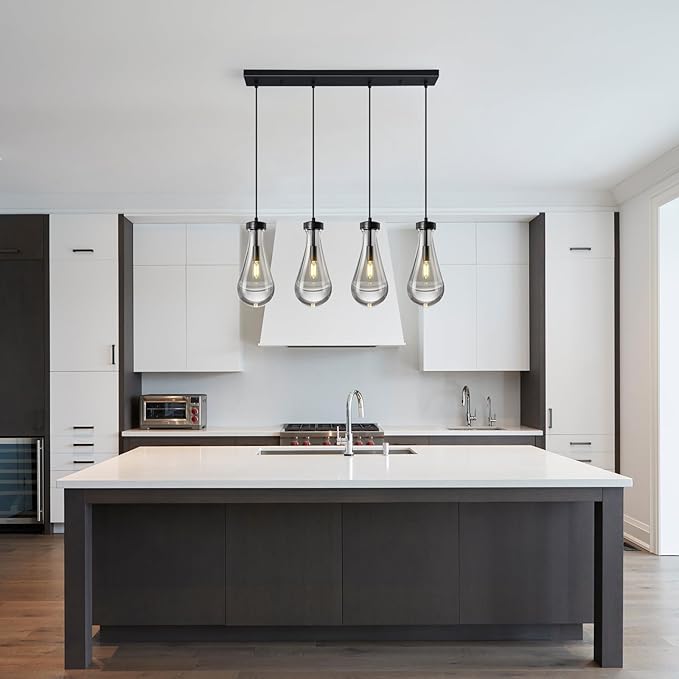 Raindrop Pendant Lights Kitchen Island Teardrop Black Hanging Light Fixtures Clear Solid Glass Pendant Light Modern Chandeliers for Dining Room Porch Corridor Living Room(Long Plate-4 Lights)