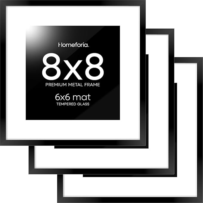 Homeforia 8x8 Black Picture Frame, High End Metal 8 x 8 Square Photo Frames with Mat 6 by 6, 8x8 Poster Frame Matted to 6x6 inch Print, 8by8 Wall or Tabletop Frames, Tempered Glass, Wall Kit, Set of 3