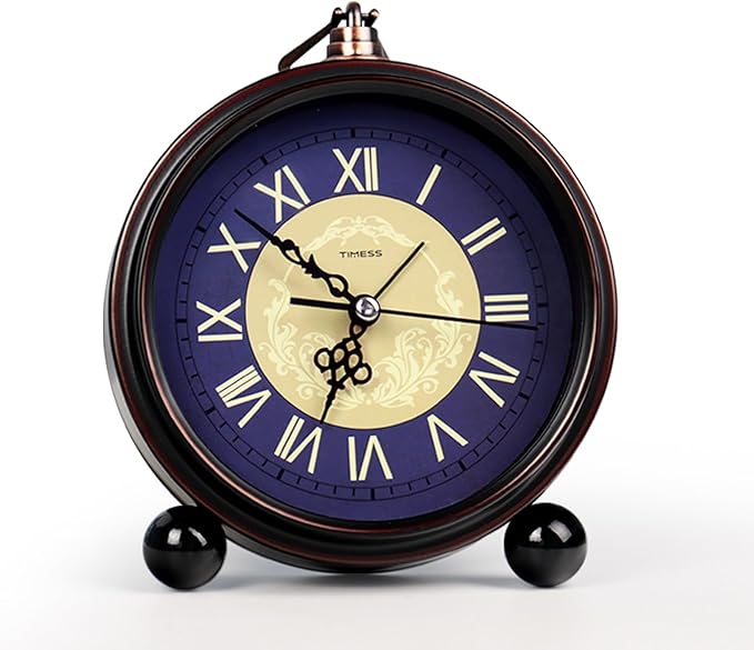 Vintage Analog Alarm Clock, 6.1" Silent Non-Ticking Quartz Desk Clock with Roman Numerals, Battery Operated Table Clock for Bedroom, Living Room, Office, or Gift (Blue)