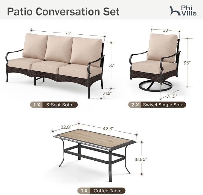 PHI VILLA Outdoor Modern Patio Furniture Set, Upgraded Wicker&Metal Patio Furniture Conversation Set with Waterproof Thick Cushions for Porch, Poolside, Deck, and Yard (4 Pieces,Beige)